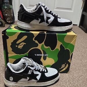 Bape Black And White  Leather Sneakers